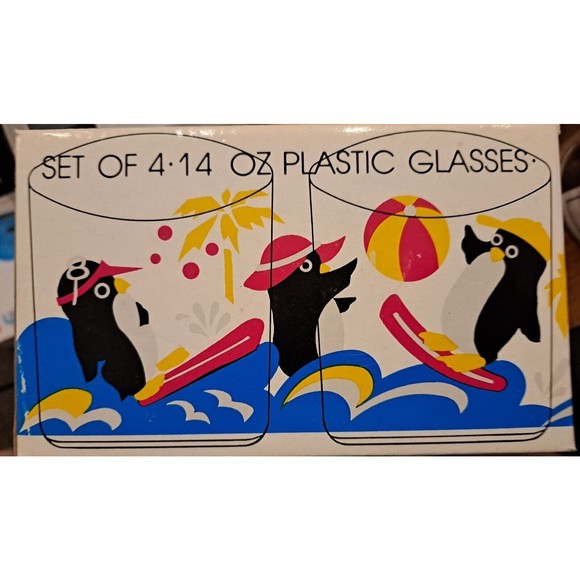 Vintage NIB 4 FUN  Penguin Beach Party POOL Home Style 14 OZ Acrylic Glass Cups - Picture 12 of 14